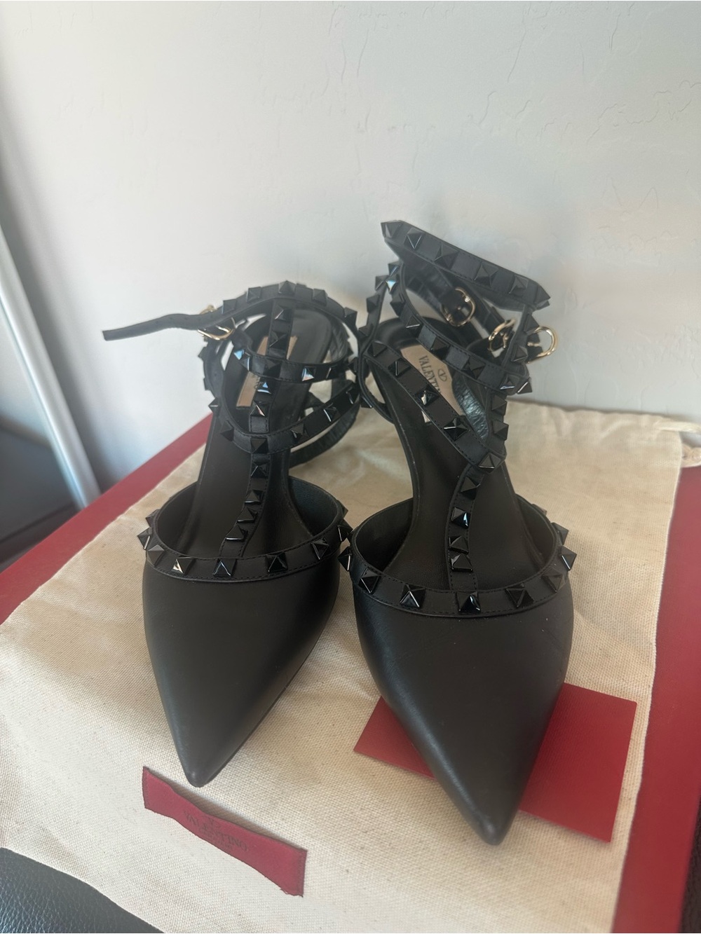 Valentino Garavani Black Pyramid-Stud Pointed-Toe Ankle Strap short Heel